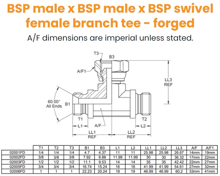 1/4 BSP M/M/F Forged Tee For Bonded Seal Hydraulic Adaptor